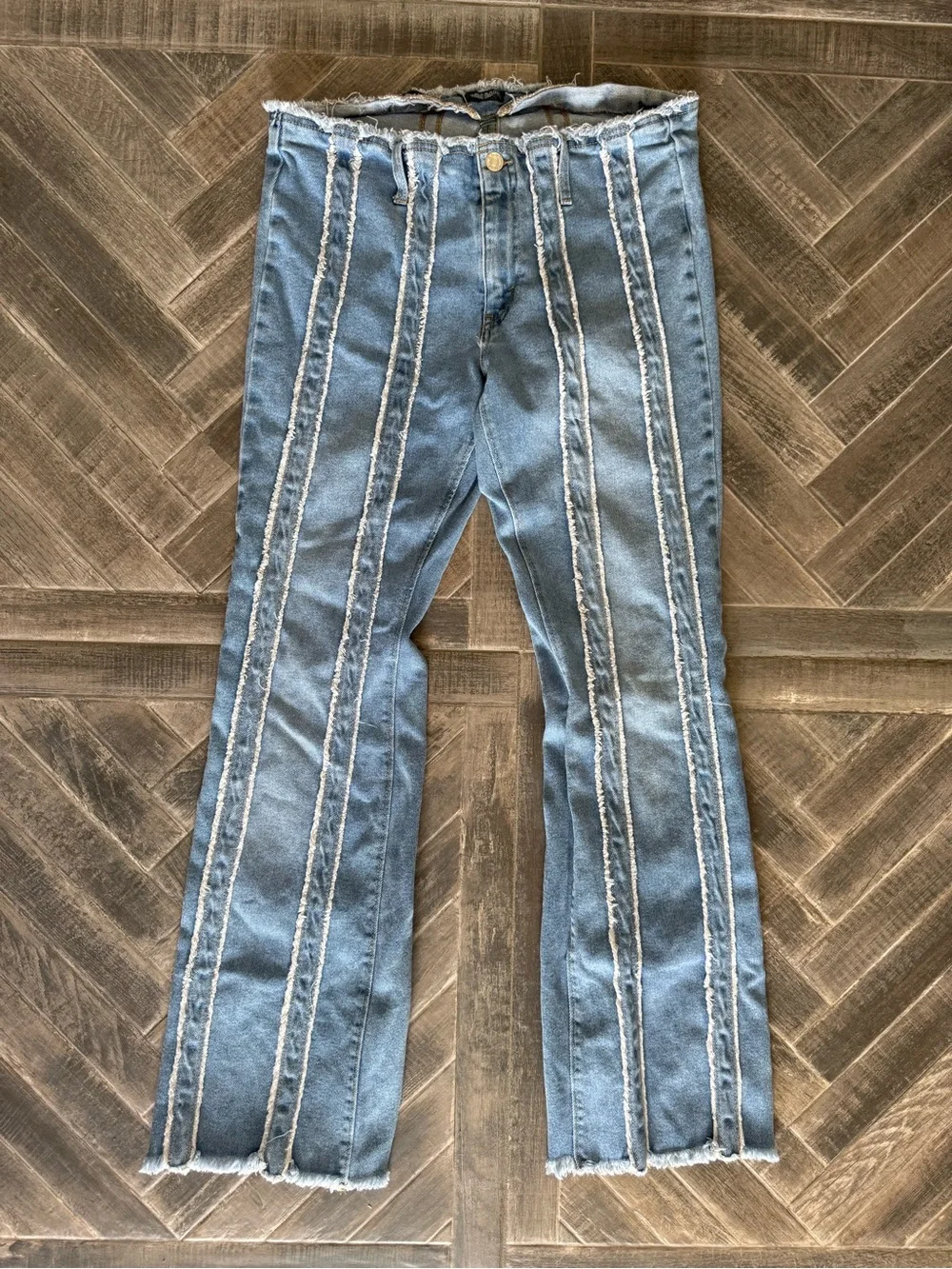 wild fable Juniors Light Blue Frayed-Stripe Wide Leg Jeans Raw Hem